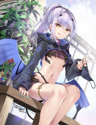 Rule 34 | 1girl, :p, akatsuki hijiri, bikini, black bikini, blush, breasts, cropped jacket, dragon wings, fate/grand order, fate (series), green nails, grey hair, hair ornament, high ponytail, highres, hooded shrug, looking at viewer, mask, mask pull, melusine (fate), melusine (swimsuit ruler) (fate), melusine (swimsuit ruler) (first ascension) (fate), mouth mask, nail polish, navel, outdoors, removing mask, shrug (clothing), sitting, small breasts, smile, solo, swimsuit, thighlet, tongue, tongue out, wings, yellow eyes