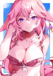 Rule 34 | 1girl, animal ears, arm at side, bare shoulders, bikini, border, breasts, cleavage, closed mouth, collarbone, commentary request, frilled bikini, frills, genshin impact, hair between eyes, halterneck, hand in own hair, hand up, highres, kuramiko, large breasts, long hair, looking at viewer, outside border, pink bikini, pink hair, purple eyes, smile, solo, swimsuit, upper body, vision (genshin impact), wet, white border, yae miko