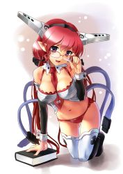 Rule 34 | 1girl, adjusting eyewear, between breasts, blush, book, breasts, detached sleeves, full body, glasses, hard drive, katahira masashi, large breasts, long hair, looking at viewer, navel, necktie, open mouth, original, personification, pointy ears, purple eyes, red hair, solo, thighhighs, western digital