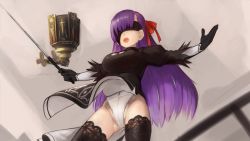 Rule 34 | 1girl, bb (fate), bb (fate/extra), black thighhighs, blindfold, breasts, cosplay, fate (series), hair ornament, highres, large breasts, leotard, long hair, nier:automata, nier (series), paintrfiend, pod (nier:automata), purple hair, ribbon, solo, thighhighs, third-party source, 2b (nier:automata), 2b (nier:automata) (cosplay)
