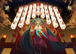 Rule 34 | 1girl, absurdly long hair, absurdres, aqua hair, architecture, bare shoulders, blue eyes, breasts, cloud, detached sleeves, east asian architecture, feet out of frame, from below, hatsune miku, highres, holding, holding microphone, japanese clothes, kyoto, lantern, long hair, long sleeves, looking at viewer, machine, microphone, miyamoya, night, night sky, outdoors, own hands together, shrine, sky, standing, star (sky), straight hair, tassel, temple, twintails, very long hair, vocaloid, wide sleeves, wind