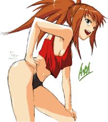 Rule 34 | 00s, 1girl, aoba, aoba (smartbeat), bad id, bad pixiv id, black panties, green eyes, hand on own hip, hand on own knee, leaning forward, my-hime, open mouth, orange hair, panties, ponytail, red hair, signature, sketch, smile, solo, standing, sugiura midori, tank top, underwear, white background