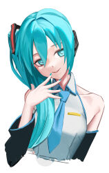 Rule 34 | 1girl, :&gt;, absurdres, bare shoulders, blue eyes, blue hair, blue nails, blue necktie, breasts, collarbone, derivative work, detached sleeves, fingernails, grey shirt, hair between eyes, hatsune miku, hatsune miku (noodle stopper), headphones, highres, long hair, looking at viewer, meme, nail polish, necktie, non-web source, photo-referenced, ring hair ornament, shirt, side ponytail, sidetail miku noodle stopper (meme), simple background, sleeveless, sleeveless shirt, small breasts, smile, solo, tombmonster1234, upper body, vocaloid, white background