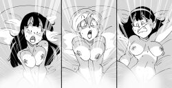 Rule 34 | 3girls, absurdres, blunt bangs, breasts, bulma, chi-chi (dragon ball), clenched teeth, commentary, dragon ball, dragon ball super, english commentary, funsexydb, glowing, greyscale, hair down, hairband, highres, hime cut, implied sex, large breasts, long hair, lying, medium breasts, missionary, monochrome, multiple girls, nipples, on back, open mouth, short hair, sweat, teeth, videl