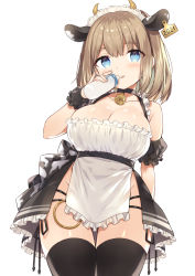 Rule 34 | 1girl, :q, animal ears, baby bottle, bare shoulders, bell, black choker, black panties, black thighhighs, blue eyes, bottle, breasts, brown hair, choker, cleavage, closed mouth, collarbone, cow ears, cow girl, cowboy shot, detached sleeves, frills, highres, holding, large breasts, looking at viewer, maid, maid headdress, multi-strapped panties, original, otou mamayo, panties, panty straps, pelvic curtain, revealing clothes, short hair, side-tie panties, smile, solo, thighhighs, thighs, tongue, tongue out, underwear, wrist cuffs