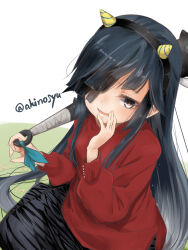 Rule 34 | 1girl, akino shuu, black hair, black skirt, blush, brown eyes, club, club (weapon), fake horns, hair over one eye, hayashimo (kancolle), holding, holding weapon, horns, kanabou, kantai collection, long hair, long sleeves, open mouth, red shirt, shirt, skirt, smile, solo, twitter username, weapon, yellow horns