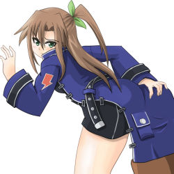 Rule 34 | 10s, 1girl, artist request, ass, ass grab, bent over, blush, boyshorts, breasts, brown hair, coat, embarrassed, from behind, frown, green eyes, hair ornament, if (neptunia), leaning, leaning forward, long hair, looking at viewer, neptune (series), pout, side ponytail, solo