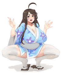 Rule 34 | 1girl, aa megami-sama, ahoge, alternate breast size, bad id, bad pixiv id, breasts, brown eyes, brown hair, cleavage, collarbone, feet, female focus, full body, huge breasts, japanese clothes, kimono, long hair, looking at viewer, open mouth, sandals, simple background, skuld (aa megami-sama), solo, squatting, stormcow, tattoo, thighhighs, white background, white thighhighs, yukata