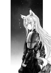 Rule 34 | 1boy, aged down, animal ears, armor, belt, black belt, black coat, black gloves, coat, commentary, final fantasy, final fantasy vii, fox boy, fox ears, fox tail, gloves, greyscale, high collar, highres, kemonomimi mode, long bangs, long hair, looking back, makix5s, male focus, monochrome, night, outdoors, parted bangs, parted lips, pauldrons, screentones, sephiroth, shoulder armor, sky, slit pupils, solo, star (sky), starry sky, tail, upper body