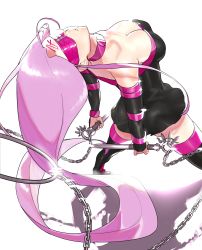 Rule 34 | 1girl, arm warmers, bad id, bad pixiv id, bare shoulders, black dress, black footwear, blindfold, boots, breasts, chain, cleavage, collar, detached sleeves, dress, expressionless, facial mark, fate/stay night, fate (series), female focus, forehead mark, from above, glint, head back, highres, holding, holding weapon, large breasts, long hair, maruigo, medusa (fate), medusa (rider) (fate), nameless dagger (fate), parted lips, purple hair, short dress, standing, strapless, strapless dress, thigh boots, thighhighs, tube dress, very long hair, weapon
