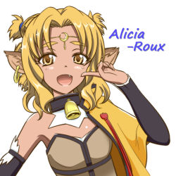Rule 34 | 10s, 1girl, alicia rue, animal ears, bell, blonde hair, cat ears, character name, circlet, crescent, earrings, fang, jewelry, short hair, smile, solo, sword art online, twintails, xanadu, yellow eyes