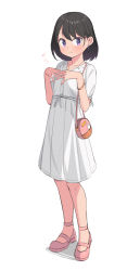 Rule 34 | 1girl, bag, black hair, dress, earrings, flying sweatdrops, full body, highres, jewelry, looking at viewer, original, own hands together, pink footwear, purple eyes, saiste, shoes, short hair, shoulder bag, simple background, smile, solo, standing, white background, white dress