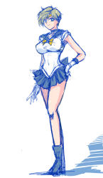 Rule 34 | 1girl, bishoujo senshi sailor moon, blonde hair, blue eyes, blush, breasts, closed mouth, covered erect nipples, earrings, female focus, full body, hand on own hip, highres, jewelry, large breasts, looking at viewer, magical girl, sailor uranus, sakura na omiki, short hair, simple background, sketch, smile, solo, standing, ten&#039;ou haruka, tiara