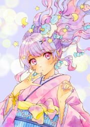 Rule 34 | 1girl, absurdres, bow, candy earrings, commentary, crescent, earrings, fingers to mouth, floating hair, hair ornament, hairclip, hands up, highres, japanese clothes, jewelry, kimono, long hair, nail polish, obi, obiage, obijime, original, pink eyes, pink kimono, pink nails, pinky ring, print kimono, purple hair, purple nails, sash, solo, star (symbol), star hair ornament, star in eye, star print, stuffed unicorn, symbol in eye, upper body, yuyuharu 1027