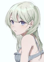 Rule 34 | 1girl, absurdres, bare shoulders, blush, bra, frilled bra, frills, green hair, highres, ktym 777, light green hair, long hair, looking at viewer, lower teeth only, open mouth, original, purple eyes, simple background, sketch, solo, teeth, tongue, underwear, upper body, white background