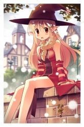 Rule 34 | 1girl, absurdres, animal, animal around neck, blonde hair, blurry, blurry background, blush, body blush, border, breasts, brick wall, building, cloud, commentary request, day, depth of field, detached sleeves, doridori, dress, feet out of frame, fox, hair between eyes, hat, highres, house, in-universe location, lamppost, long hair, looking at viewer, medium breasts, open mouth, outdoors, professor (ragnarok online), ragnarok online, red dress, red eyes, red sleeves, sitting, sky, sleeveless, sleeveless dress, solo, star (symbol), tree, white border, window, witch hat