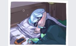 Rule 34 | border, cable, cellphone, closed eyes, grey border, indoors, inkling, inkling boy, inkling player character, lying, nintendo, on bed, on side, parted lips, phone, pillow, pointy ears, short hair, sleeping, spl8ya, splatoon (series), tentacle hair