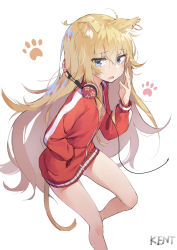 Rule 34 | 10s, 1girl, absurdres, animal ears, blonde hair, blue eyes, blush, cat ears, cat tail, gabriel dropout, gabriel tenma white, hand in pocket, headphones, headphones around neck, highres, jacket, kemonomimi mode, kentllaall, long hair, looking at viewer, open mouth, paw print, simple background, solo, tail, track jacket, very long hair, white background