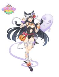 Rule 34 | 1girl, :d, absurdres, bandages, bare shoulders, black hair, blue eyes, blunt bangs, blush, fang, food-themed hair ornament, full body, ghost, hair ornament, halloween, halloween costume, highres, jack-o&#039;-lantern, leotard, long hair, looking at viewer, maett, official art, open mouth, paw pose, princess tale adventure, pumpkin hair ornament, sana (princess tale adventure), scrunchie, simple background, smile, solo, very long hair, wrist scrunchie