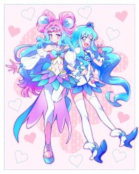 Rule 34 | 2girls, :d, absurdres, blue bow, blue eyes, blue footwear, blue hair, blue skirt, border, bow, breasts, brooch, choker, cleavage, closed mouth, cure la mer, cure marine, detached sleeves, floating hair, full body, gradient hair, heart, heart brooch, heartcatch precure!, high heels, highres, jewelry, kyoutsuugengo, layered skirt, long hair, long sleeves, looking at viewer, midriff, miniskirt, multicolored clothes, multicolored hair, multicolored skirt, multiple girls, nail polish, navel, open mouth, pants, pants under skirt, pink background, pink eyes, pink hair, pink nails, power connection, precure, shirt, skirt, small breasts, smile, stomach, strapless, thighhighs, toenail polish, toenails, trait connection, tropical-rouge! precure, very long hair, white border, white choker, white legwear, white shirt, white sleeves, zettai ryouiki