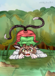 Rule 34 | :3, :d, animal ears, bad id, bad twitter id, brown eyes, brown hair, cat ears, chen, forest, green hat, hat, milkyteaart, multiple tails, nature, open mouth, self-upload, smile, solo, tail, touhou, two tails, yellow eyes