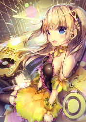 Rule 34 | 1girl, :d, absurdres, audio visualizer, bare shoulders, black skirt, black thighhighs, blue eyes, blurry, blurry foreground, blush, breasts, cellphone, commentary request, depth of field, garter straps, halterneck, highres, holding, holding phone, key hair ornament, light brown hair, long hair, looking at viewer, looking to the side, medium breasts, missile228, navel, open mouth, orange skirt, original, phone, phonograph, sitting, skirt, smile, solo, star (symbol), thighhighs, turntable, two side up, very long hair, wrist cuffs