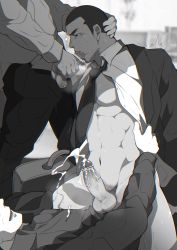 Rule 34 | 3boys, anal, bottomless, crow hurt, fellatio, formal, hand on head, highres, male focus, male penetrated, monochrome, multiple boys, necktie, oral, straddling, suit, suitcase, yaoi