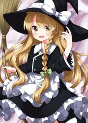 Rule 34 | 1girl, :d, apron, black dress, black hat, blonde hair, blush, bow, braid, broom, commentary request, cowboy shot, dress, eyes visible through hair, frilled apron, frilled dress, frills, green bow, hair bow, hand on headwear, hand up, hat, hat bow, highres, holding, holding broom, kirisame marisa, long hair, long sleeves, looking at viewer, open mouth, ruu (tksymkw), single braid, smile, solo, split mouth, standing, touhou, waist apron, white apron, white bow, witch hat, yellow eyes