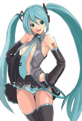 Rule 34 | 1girl, :d, black skirt, black sleeves, black thighhighs, blue hair, blue necktie, breasts, collared shirt, covered erect nipples, detached sleeves, dress shirt, floating hair, green eyes, grey shirt, hair between eyes, hair ornament, hands on own hips, hatsune miku, headphones, headset, long hair, long sleeves, looking at viewer, medium breasts, microphone, miniskirt, navel, necktie, nipples, open clothes, open mouth, open shirt, panties, pleated skirt, ryouzou, shirt, sideboob, simple background, skirt, sleeveless, sleeveless shirt, smile, solo, standing, striped clothes, striped panties, thigh gap, thighhighs, underwear, very long hair, vocaloid, white background, wing collar