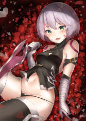 Rule 34 | 1girl, :d, arm belt, bandaged arm, bandages, bare shoulders, belt, belt buckle, black belt, black gloves, black panties, black shirt, black thighhighs, blood, blood on face, blush, breasts, buckle, cleavage, cleavage cutout, clothing cutout, commentary request, dagger, facial scar, fate/apocrypha, fate (series), fingerless gloves, gloves, green eyes, grey hair, groin, hair between eyes, halterneck, head tilt, highres, holding, holding knife, holding weapon, jack the ripper (fate/apocrypha), knife, konata (knt banri), looking at viewer, navel, open mouth, panties, panty tug, reverse grip, scar, scar across eye, scar on cheek, scar on face, shirt, short hair, shoulder tattoo, single glove, sleeveless, sleeveless shirt, small breasts, smile, solo, stomach, tattoo, thighhighs, turtleneck, underwear, weapon