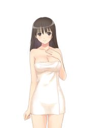 Rule 34 | 00s, 1girl, black eyes, black hair, blush, breasts, fault!!, game cg, large breasts, legs, long hair, looking at viewer, nude, simple background, solo, standing, thighs, tony taka, towel, white background