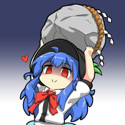 Rule 34 | 1girl, black headwear, blue hair, bow, bowtie, closed mouth, commentary, english commentary, gradient background, heart, hinanawi tenshi, holding, keystone, leaf, long hair, looking at viewer, rakkidei, red bow, red bowtie, red eyes, red hair, rope, shaded face, shide, shimenawa, short sleeves, smile, solo, touhou, upper body