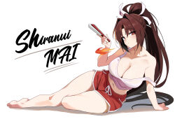 1girl absurdres bare_legs barefoot breasts breath_weapon breathing_fire brown_hair character_name crop_top dolphin_shorts fatal_fury fire folded_fan folding_fan hand_fan high_ponytail highres huge_breasts long_hair lying midriff motoyui navel no_bra official_alternate_costume on_side red_shorts shiranui_mai short_shorts shorts solo stomach strap_slip street_fighter street_fighter_6 sylph_kim thighs very_long_hair