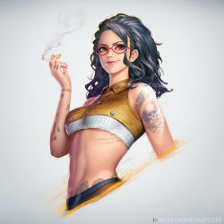 Rule 34 | 1girl, artist name, bare shoulders, black hair, breasts, brown eyes, capcom, cigarette, closed mouth, commentary, crop top, cropped torso, devil may cry (series), devil may cry 5, english commentary, forehead, freckles, glasses, gradient background, grey background, hairband, holding, holding cigarette, lips, long hair, looking at viewer, multicolored nails, nail polish, neoartcore, nico (devil may cry), patreon logo, pink lips, red-framed eyewear, shoulder tattoo, skull tattoo, small breasts, smile, smoke, solo, stomach, tattoo, toned, underboob, upper body, watermark, web address, wing collar