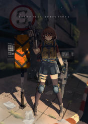 Rule 34 | 1girl, ahoge, brown hair, commentary, english commentary, glasses, gloves, grenade launcher, gun, handgun, highres, holding, holding gun, holding weapon, holster, holstered, knee pads, kriss usa, kriss vector, load bearing vest, magpul, milkor mgl, original, osprey 45, persocon93, pistol, polygonal suppressor, red-framed eyewear, revolver grenade launcher, shadow, short hair, silencerco, solo, submachine gun, suppressor, thigh holster, thighhighs, tom clancy&#039;s the division, transformational defense industries, weapon