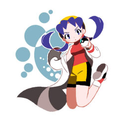 Rule 34 | 1girl, blue eyes, blue hair, commentary request, creatures (company), floating hair, full body, game freak, hat, holding, holding poke ball, jacket, kris (pokemon), leg up, long hair, long sleeves, looking at viewer, milkpeachi, nintendo, open clothes, open jacket, poke ball, pokemon, pokemon gsc, red shirt, shirt, shoes, shorts, sleeveless, sleeveless shirt, solo, twintails, white footwear, white jacket, yellow hat, yellow shorts