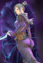 Rule 34 | 1girl, absurdres, animification, apex legends, ass, belt, black hair, blue eyes, blush, bodysuit, breasts, brown belt, brown scarf, covered erect nipples, from side, hair bun, highres, holding, holding knife, knife, kunai, looking at viewer, macho (massan001), medium breasts, portal (object), purple bodysuit, scarf, single hair bun, solo, weapon, wraith&#039;s kunai, wraith (apex legends)