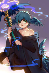 Rule 34 | 1girl, aged down, bird tail, black robe, blue hair, collarbone, final fantasy, final fantasy xiv, green eyes, head wings, highres, holding, holding staff, kneeling, lower teeth only, magic, meteion, namikaze (dobbyka), open mouth, purple background, robe, short hair, signature, solo, staff, tail, teeth, wings