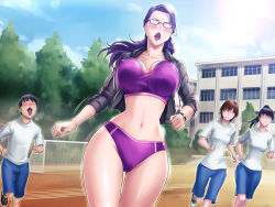 Rule 34 | 1boy, 3girls, blush, bouncing breasts, breasts, buruma, cleavage, cloud, covered erect nipples, cowboy shot, day, floating hair, glasses, grassturtle, groin, gym uniform, high ponytail, highres, jacket, large breasts, legs, long hair, medium breasts, motion lines, multiple girls, navel, no eyes, open clothes, open jacket, open mouth, original, outdoors, parted lips, ponytail, purple hair, running, s kyoushi na kagami-sensei to m haha na ryouko-san 2, saliva, school, shoes, sky, sneakers, standing, sweat, teacher, teacher and student, thighs, track and field, tree, watch, wristwatch