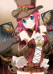 Rule 34 | 1girl, armpits, bare shoulders, belt, belt skirt, blue eyes, blush, breasts, brown gloves, brown skirt, choker, cleavage, collar, comic sdf, contrapposto, corset, cowboy shot, detached collar, elbow gloves, feathered wings, frilled collar, frills, gears, gloves, goggles, goggles on headwear, grin, hat, large breasts, looking at viewer, mechanical wings, original, pink hair, pleated skirt, ragho no erika, roman numeral, skirt, smile, solo, standing, steampunk, strapless, teeth, top hat, tube top, watch, wings