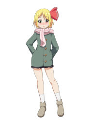 Rule 34 | 1girl, :o, alternate costume, ankle boots, arms behind back, bare legs, black skirt, blonde hair, blush, boots, brown footwear, cato (monocatienus), coat, commentary request, contrapposto, full body, grey coat, hair ribbon, long sleeves, looking at viewer, microskirt, parted bangs, red eyes, ribbon, rumia, scarf, short hair, simple background, skirt, socks, solo, standing, striped clothes, striped scarf, touhou, white background, white socks, winter clothes, winter coat