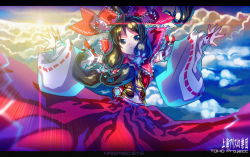 Rule 34 | 1girl, ahoge, brown eyes, brown hair, cloud, copyright name, female focus, hakurei reimu, imperishable night, japanese clothes, lens flare, letterboxed, looking at viewer, miko, solo, touhou, wide sleeves