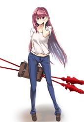 Rule 34 | aozaki aoko, blush, breasts, collarbone, denim, fate/grand order, fate (series), hand in own hair, hand on own head, i.f.s.f, jeans, long hair, look-alike, melty blood, pants, purple hair, red eyes, scathach (fate), shirt, shoes, solo, transparent background, tsukihime, white background