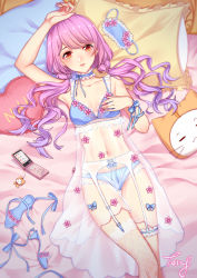 Rule 34 | 1girl, ang (6107939), artist name, bare shoulders, blue bra, blue panties, blue ribbon, blush, bra, breasts, cellphone, collarbone, commentary request, floral print, highres, long hair, lying, navel, on back, original, panties, phone, pillow, pink hair, red eyes, ribbon, see-through, small breasts, smile, solo, underwear, wavy hair