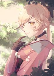 Rule 34 | 1girl, black choker, black gloves, blonde hair, choker, commentary, from side, girls&#039; frontline, gloves, highres, japanese clothes, kimono, long hair, looking at viewer, official alternate costume, ots-14 (flurry of petals) (girls&#039; frontline), ots-14 (girls&#039; frontline), outdoors, ponytail, sakana-ko, smile, solo, tree, tree shade, upper body, yellow eyes