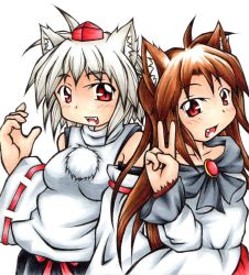 Rule 34 | 2girls, animal ears, bare shoulders, blush, breasts, brown hair, detached sleeves, fang, happy, hat, highres, imaizumi kagerou, inte (whitewolftail), inubashiri momiji, long hair, looking at viewer, multiple girls, open mouth, red eyes, short hair, silver hair, tokin hat, touhou, v, wolf ears