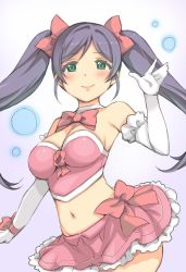 Rule 34 | 1girl, blush, bow, bowtie, breasts, bubble, cleavage, commentary request, crop top, duke (inu daimyou), elbow gloves, frilled gloves, frills, gloves, green eyes, hair bow, hand up, long hair, looking at viewer, love live!, love live! school idol festival, love live! school idol project, medium breasts, midriff, miniskirt, navel, pink bow, pink bowtie, pink shirt, pink skirt, purple hair, shirt, sidelocks, skirt, smile, solo, strapless, tojo nozomi, twintails, wrist bow