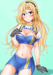 Rule 34 | 1girl, anti (untea9), bandeau, black gloves, blonde hair, blue bandeau, blue eyes, blue skirt, blue tube top, blush, breasts, checkered clothes, cleavage, cleavage cutout, clothing cutout, cosplay, crop top, cropped jacket, gloves, gotland (kancolle), gotland (kancolle) (cosplay), headphones, headset, highleg, highleg panties, highres, hornet (kancolle), jacket, kantai collection, large breasts, long hair, looking at viewer, miniskirt, panties, race queen, short sleeves, shy, sitting, skirt, solo, strapless, sweat, tube top, underwear, wavy hair, white jacket, white panties