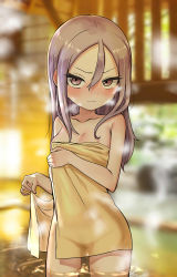 Rule 34 | 1girl, absurdres, areola slip, blurry, blurry background, blush, breasts, brown eyes, closed mouth, commentary request, depth of field, hair between eyes, highres, long hair, looking at viewer, naked towel, nose blush, note2000, parted bangs, purple hair, small breasts, solo, soredemo ayumu wa yosetekuru, standing, steam, towel, water, wavy mouth, yaotome urushi