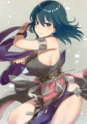 Rule 34 | 1girl, armlet, armor, asymmetrical clothes, blue eyes, blue hair, bracelet, breasts, byleth (female) (fire emblem), byleth (fire emblem), closed mouth, dancer, dancer (fire emblem: three houses), dress, fire emblem, fire emblem: three houses, grey background, hair between eyes, haru (nakajou-28), highres, jewelry, large breasts, medium hair, nintendo, pelvic curtain, revealing clothes, shawl, sideboob, simple background, solo, thighs